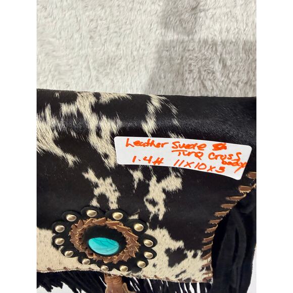 Handmade Genuine Suede Cowhide Fringe Crossbody Turquoise Stone embell New - Picture 8 of 8